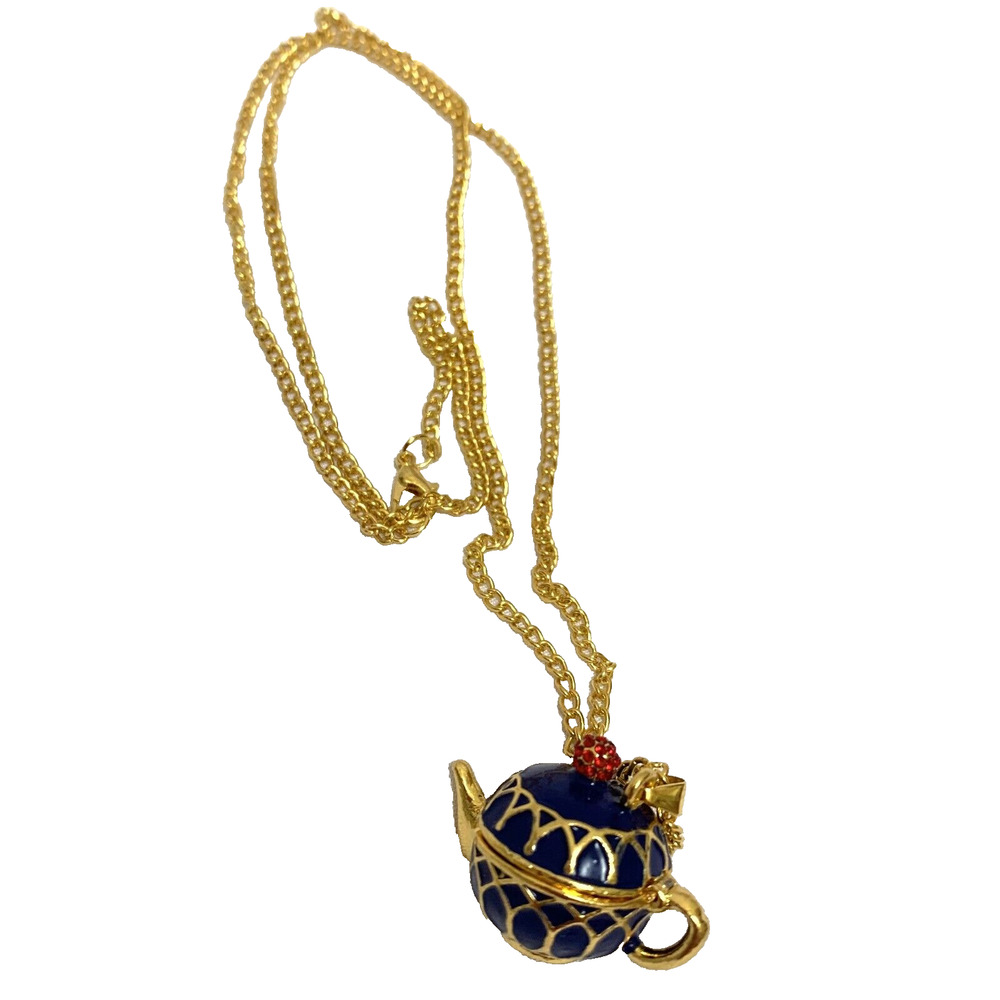 Cobalt Blue Enamel Painted Teapot Tea Pot Charm Pendant Yellow Gold-Tone - Picture 3 of 15